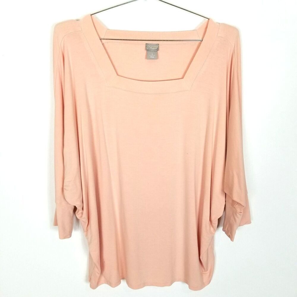 Chico's Square Neck Dolman Sleeve Top Sz XL Lightweight Stretchy Blouse Pink